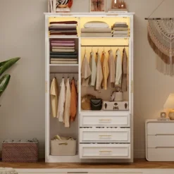 3 Door Wardrobe Armoire With LED Lights & 3 Drawers, Freestanding Closet Cabinet, White - ModernLuxe