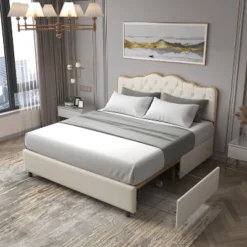 ModernLuxe Upholstered Platform Bed with 4 Storage Drawers and Buckle Backrest