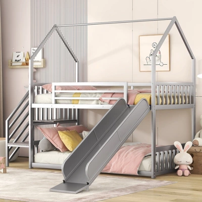 Twin Over Twin Metal Bunk Bed House Bed With Slide And Staircase-ModernLuxe 4 Twin Over Twin Metal Bunk Bed House Bed With Slide And Staircase-ModernLuxe - Image 2