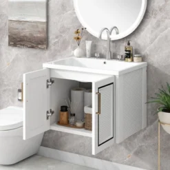 24" Wall Mounted Bathroom Vanity With Porcelain Sink And Two Shuttered Doors, White - ModernLuxe