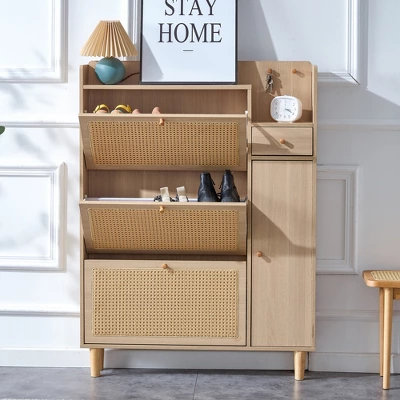 Modern Simple Rattan Shoe Cabinet With 4 Drawers And 1 Door, Natural - ModernLuxe 3 Modern Simple Rattan Shoe Cabinet With 4 Drawers And 1 Door, Natural - ModernLuxe