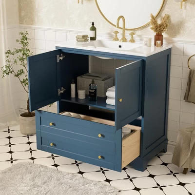 30'' Modern Bathroom Vanity With Ceramic Sink, Freestanding Storage Cabinet With Soft Close Doors, Drawer & Gold Handles, Blue - ModernLuxe 3 30'' Modern Bathroom Vanity With Ceramic Sink, Freestanding Storage Cabinet With Soft Close Doors, Drawer & Gold Handles, Blue - ModernLuxe