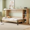 Twin/Full Size Murphy Bed Multifunctional Foldable Platform Bedframe With Bookshelf, Natural/White-ModernLuxe