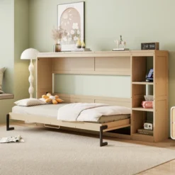 Twin/Full Size Murphy Bed Multifunctional Foldable Platform Bedframe With Bookshelf, Natural/White-ModernLuxe