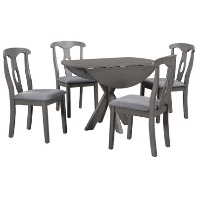 5-Piece Rustic Wooden Round Dining Table Set With Drop Leaf And 4 Upholstered Dining Chairs, Gray - ModernLuxe 6 5-Piece Rustic Wooden Round Dining Table Set With Drop Leaf And 4 Upholstered Dining Chairs, Gray - ModernLuxe - Image 4