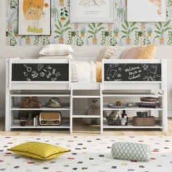 ModernLuxe Twin Low Loft Bed with Removable Shelves and Creative Chalkboard Rails