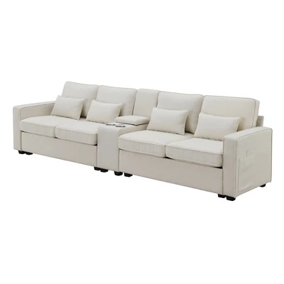 ModernLuxe 114.2" Linen Upholstered Sofa with Console & Wireless Charging 5 ModernLuxe 114.2" Linen Upholstered Sofa with Console & Wireless Charging - Image 3