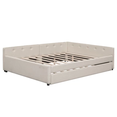 Full/Queen Size Upholstered Platform Bed With USB Ports, Modern Daybed With Trundle, Beige - ModernLuxe 9 Full/Queen Size Upholstered Platform Bed With USB Ports, Modern Daybed With Trundle, Beige - ModernLuxe - Image 7