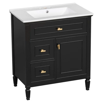 30" Bathroom Vanity With Ceramic Sink, Flip Drawer, 2 Storage Drawers & Adjustable Shelf, Compact Freestanding Vanity Cabinet - 10 30" Bathroom Vanity With Ceramic Sink, Flip Drawer, 2 Storage Drawers & Adjustable Shelf, Compact Freestanding Vanity Cabinet - - Image 8