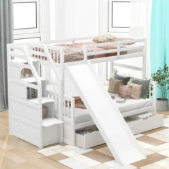 ModernLuxe Twin Over Full Bunk Bed with Storage Staircase and Slide