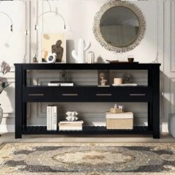 62.2'' Modern Console Table Sofa Table For Living Room With 4 Drawers And 2 Shelves - ModernLuxe