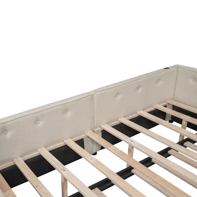 Full/Queen Size Upholstered Platform Bed With USB Ports, Modern Daybed With Trundle, Beige - ModernLuxe 11 Full/Queen Size Upholstered Platform Bed With USB Ports, Modern Daybed With Trundle, Beige - ModernLuxe - Image 9