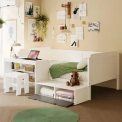 Twin Size Wooden Daybed With Storage Shelves And Lockers, Multi-Functional Bed With Study Desk And Matching Stool - ModernLuxe