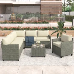 ModernLuxe 5-Piece Outdoor Wicker Conversation Set with Tempered Glass Coffee Table
