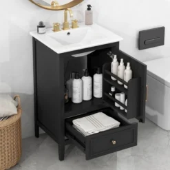 Modern Bathroom Vanity With Ceramic Sink, Bathroom Cabinet With Drawers, Solid Acacia Wood Frame And MDF Board - ModernLuxe