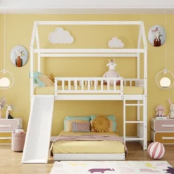 ModernLuxe Twin Over Twin House Bunk Bed with Slide and Ladder