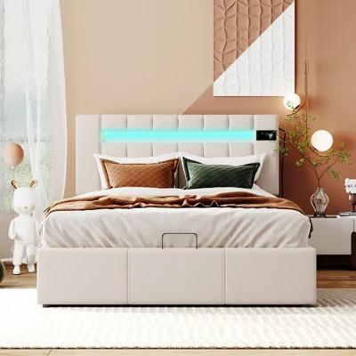 Upholstered Bed With LED Light, Bluetooth Player And USB Charging, Hydraulic Storage Bed In Velvet Fabric-ModernLuxe 3 Upholstered Bed With LED Light, Bluetooth Player And USB Charging, Hydraulic Storage Bed In Velvet Fabric-ModernLuxe