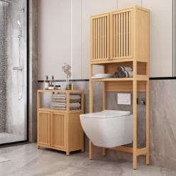 ModernLuxe 64.76" Tall Bamboo Over-the-Toilet Storage Cabinet with 2 Doors