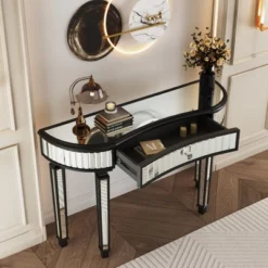 Half-Moon Mirrored Console Table With Fluted Glass & Crystal Knob Drawer, Sofa Accent Table, Entryway Vanity Desk - ModernLuxe