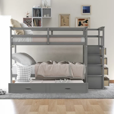 ModernLuxe Twin Over Twin Wood Bunk Bed with 4 Drawers, Trundle and Staircase 3 ModernLuxe Twin Over Twin Wood Bunk Bed with 4 Drawers, Trundle and Staircase