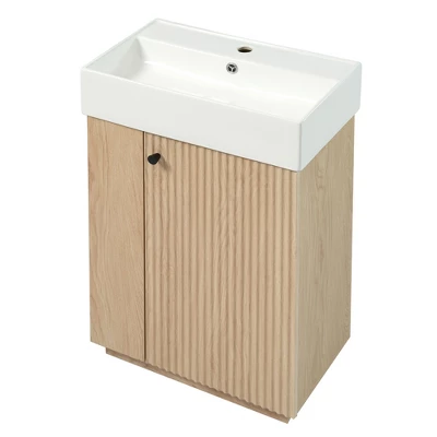 21.6'' Bathroom Vanity With Ceramic Sink, Freestanding Storage Cabinet, Soft-Closing Left/Right Door & Open Shelves, Natural - ModernLuxe 9 21.6'' Bathroom Vanity With Ceramic Sink, Freestanding Storage Cabinet, Soft-Closing Left/Right Door & Open Shelves, Natural - ModernLuxe - Image 7