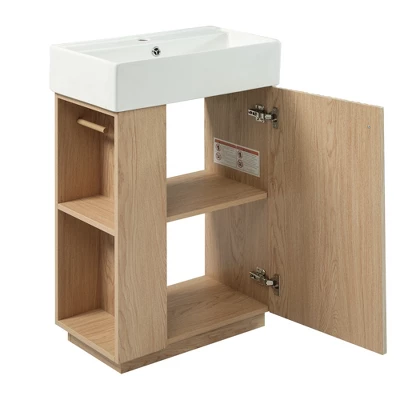 21.6'' Bathroom Vanity With Ceramic Sink, Freestanding Storage Cabinet, Soft-Closing Left/Right Door & Open Shelves, Natural - ModernLuxe 10 21.6'' Bathroom Vanity With Ceramic Sink, Freestanding Storage Cabinet, Soft-Closing Left/Right Door & Open Shelves, Natural - ModernLuxe - Image 8