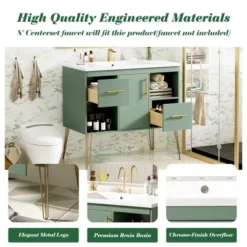 36''W Bathroom Vanity With Resin Sink, Modern Freestanding Bathroom Cabinet With 2 Drawers & 2 Storage Compartments, Green - ModernLuxe