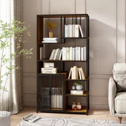Multipurpose Bookshelf Storage Rack With Closed Storage Cabinets, Black + Brown - ModernLuxe