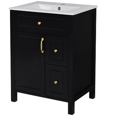 24"W Bathroom Vanity With Ceramic Sink, Bathroom Cabinet With Storage Racks, Drawers And Soft Closing Door, Black/Green-ModernLuxe 13 24"W Bathroom Vanity With Ceramic Sink, Bathroom Cabinet With Storage Racks, Drawers And Soft Closing Door, Black/Green-ModernLuxe - Image 11