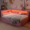 Twin Size Upholstered Daybed With USB Ports & LED Belt, Linen Platform Bed Frame With 2 Drawers/Trundle, White/Pink - ModernLuxe 1 Twin Size Upholstered Daybed With USB Ports & LED Belt, Linen Platform Bed Frame With 2 Drawers/Trundle, White/Pink - ModernLuxe -Luxe Furniture Sale GUEST 73749f75 5c09 4804 a70f 5d812547d906
