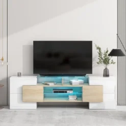 Versatile TV Stand For TVs Up To 80" With 2 Lighted Glass Shelves And LED Color Changing Lights - ModernLuxe