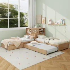 L-Shaped Combination Twin Size Bed Frame With Trundle & Drawer, 3-in-1 Low Corner Platform Bed Linked With Built-in Desk - ModernLuxe