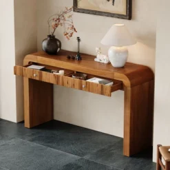 ModernLuxe Rustic Console Table with Fluted Drawer & Curved Corners