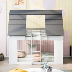 ModernLuxe Twin Over Twin Wood House Bunk Bed with Playful Roof and Ladder