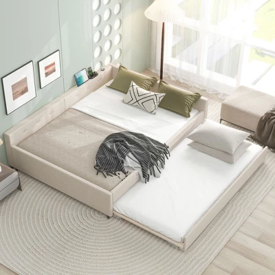 Full/Queen Size Upholstered Platform Bed With USB Ports, Modern Daybed With Trundle, Beige - ModernLuxe 4 Full/Queen Size Upholstered Platform Bed With USB Ports, Modern Daybed With Trundle, Beige - ModernLuxe - Image 2