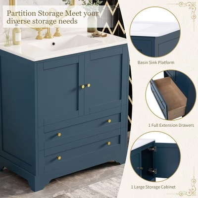 30'' Modern Bathroom Vanity With Ceramic Sink, Freestanding Storage Cabinet With Soft Close Doors, Drawer & Gold Handles, Blue - ModernLuxe 8 30'' Modern Bathroom Vanity With Ceramic Sink, Freestanding Storage Cabinet With Soft Close Doors, Drawer & Gold Handles, Blue - ModernLuxe - Image 6