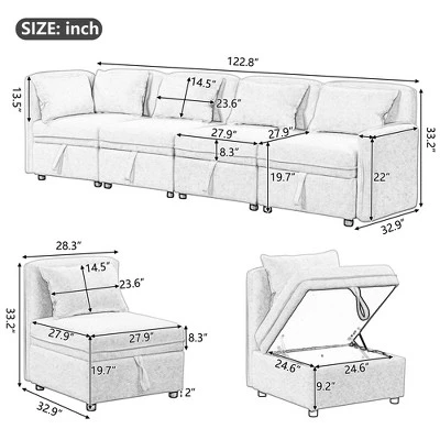 122.8" Minimalist Convertible Modular Sofa, Upholstered Sectional Sofa Couch With 5 Pillows-ModernLuxe 4 122.8" Minimalist Convertible Modular Sofa, Upholstered Sectional Sofa Couch With 5 Pillows-ModernLuxe - Image 3