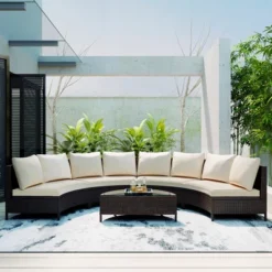 ModernLuxe 5-Piece Half-Moon Patio Rattan Seating Group with Tempered Glass Table