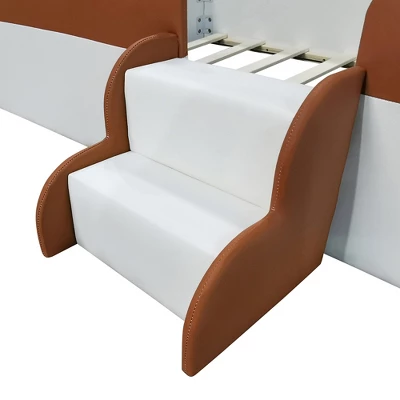 ModernLuxe Upholstered Daybed with Safety Fence and Stairs - Brown & White 9 ModernLuxe Upholstered Daybed with Safety Fence and Stairs - Brown & White - Image 7