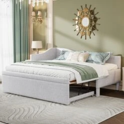 Twin To King Size Daybed, Upholstered Platform Bed Frame With Twin Trundle Bed -ModernLuxe