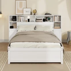 Twin/Full Size Platform Bed Frame Storage Bed With Tall Extended Bookcase Headboard, 6 Drawers And Charging Station, White-ModernLuxe