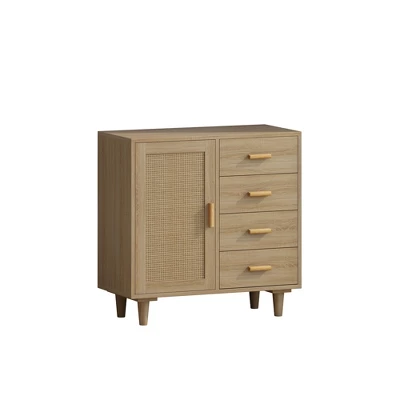 Wooden Cabinet With 4 Drawers And Rattan Decorative Doors, Natural - ModernLuxe 5 Wooden Cabinet With 4 Drawers And Rattan Decorative Doors, Natural - ModernLuxe - Image 3