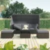 ModernLuxe Outdoor Rattan Daybed with Retractable Canopy and Lifting Table