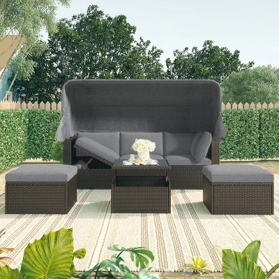 ModernLuxe Outdoor Patio Rectangular Daybed with Retractable Canopy and 2 Ottomans 16 ModernLuxe Outdoor Patio Rectangular Daybed with Retractable Canopy and 2 Ottomans - Image 14