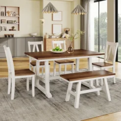 Farmhouse 6-Piece Wood Dining Table Set With Long Bench And 4 Dining Chairs-ModernLuxe -Luxe Furniture Sale GUEST 7f6c6421 4137 4b1c add1 4461c30754bc