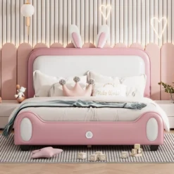 ModernLuxe Rabbit-Shape Princess Upholstered Platform Bed in White and Pink