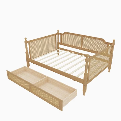 Full/Twin Size Daybed, Rattan Wood Bed Frame With Drawers/ Trundle Bed For Bedroom, Antique Walnut -ModernLuxe 9 Full/Twin Size Daybed, Rattan Wood Bed Frame With Drawers/ Trundle Bed For Bedroom, Antique Walnut -ModernLuxe - Image 7