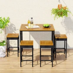 ModernLuxe 5-Piece Wicker Patio Bar Set with Foldable Acacia Wood Table