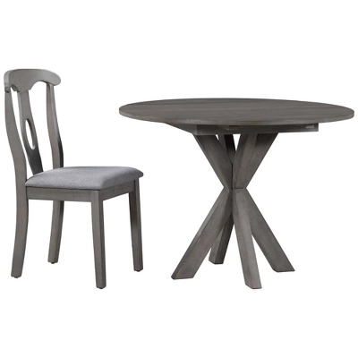 5-Piece Rustic Wooden Round Dining Table Set With Drop Leaf And 4 Upholstered Dining Chairs, Gray - ModernLuxe 9 5-Piece Rustic Wooden Round Dining Table Set With Drop Leaf And 4 Upholstered Dining Chairs, Gray - ModernLuxe - Image 7