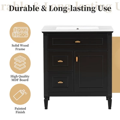 30" Bathroom Vanity With Ceramic Sink, Flip Drawer, 2 Storage Drawers & Adjustable Shelf, Compact Freestanding Vanity Cabinet - 7 30" Bathroom Vanity With Ceramic Sink, Flip Drawer, 2 Storage Drawers & Adjustable Shelf, Compact Freestanding Vanity Cabinet - - Image 5